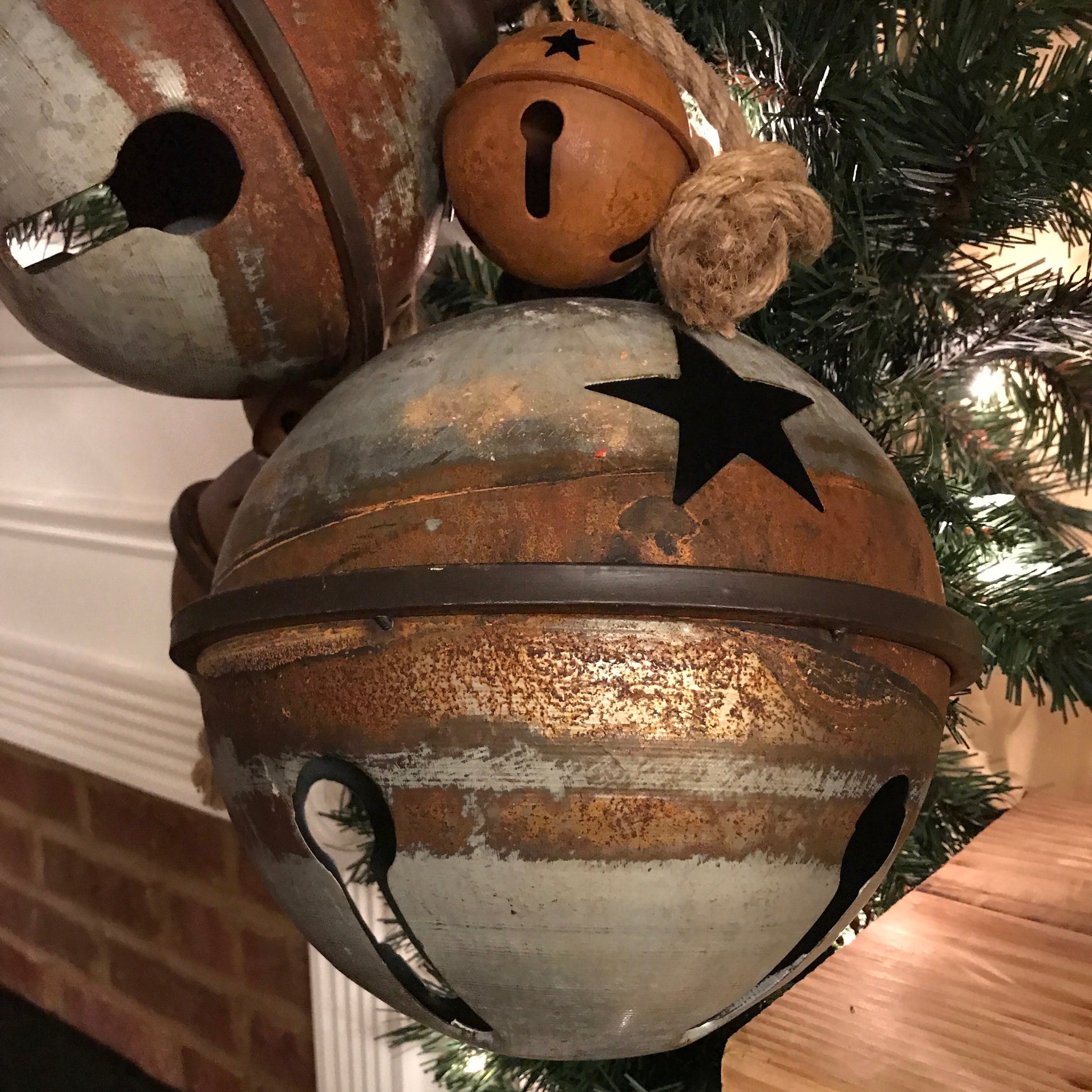 Rusty Metal Large Jingle Bells with Star Cutout Hanging Christmas Bell  Ornaments